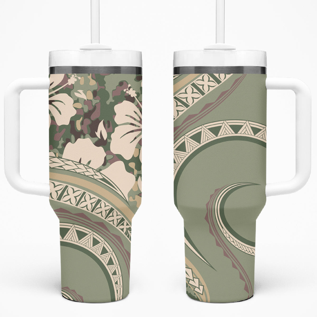 Hawaiian Hibiscus Tribal Vintage Motif Tumbler With Handle Ver 6 LT9 One Size: 40 oz Green Pastel - Polynesian Pride
