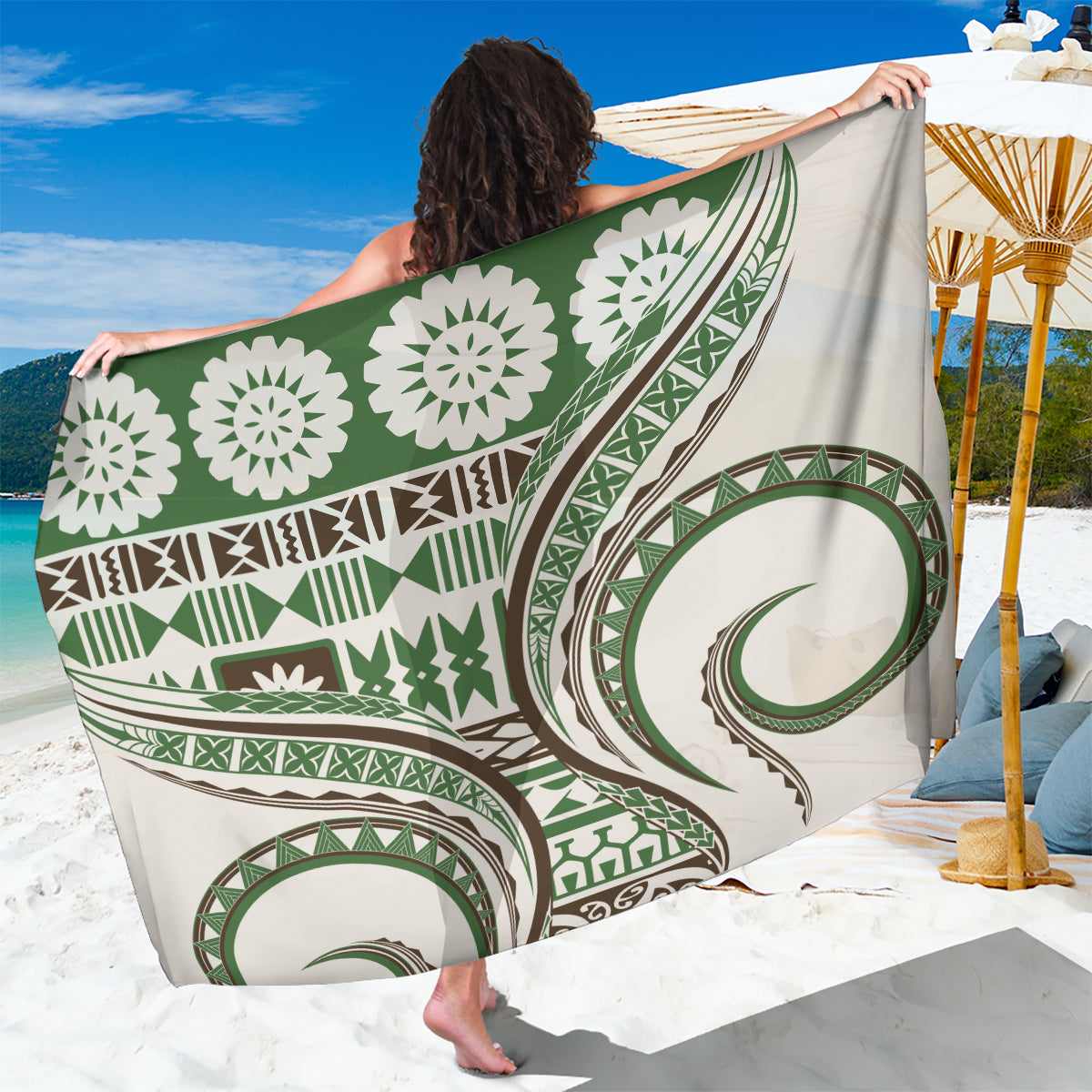 Hawaiian Hibiscus Tribal Vintage Motif Sarong Ver 7 LT9 One Size 44 x 66 inches Green - Polynesian Pride
