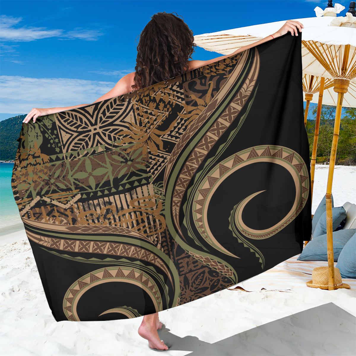 Hawaiian Hibiscus Tribal Vintage Motif Sarong Ver 8 LT9 One Size 44 x 66 inches Brown - Polynesian Pride
