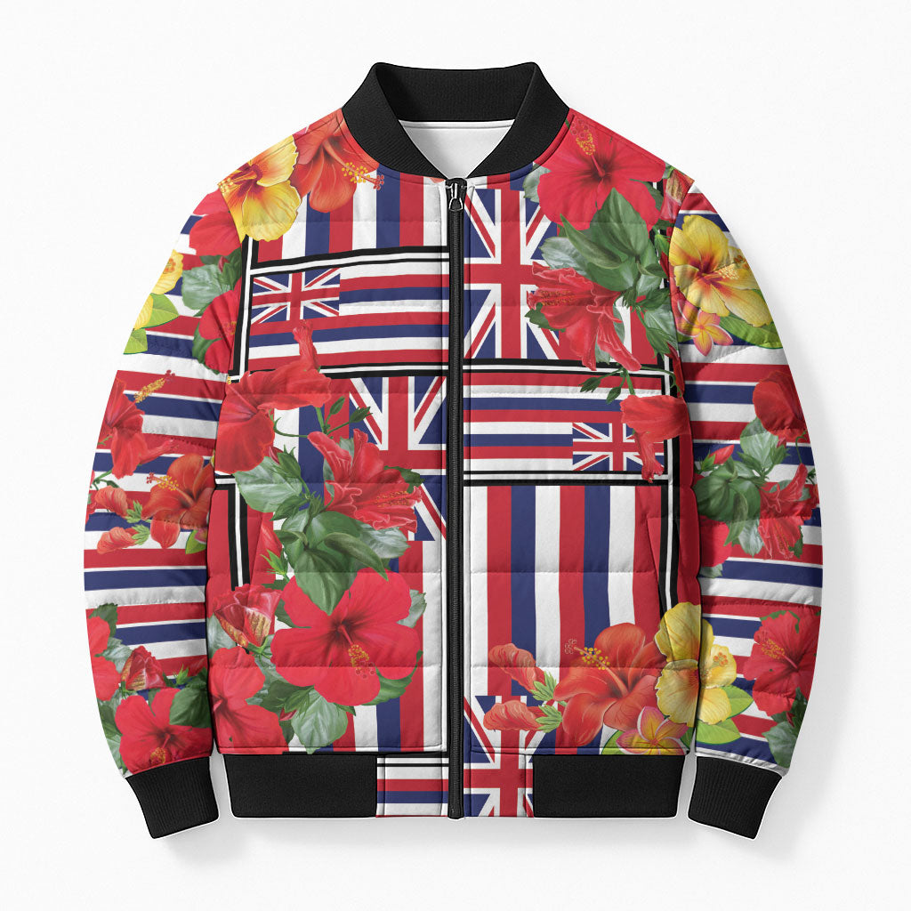 Hawaii Hibiscus Lei Bomber Puffer Jacket Hawaiian Flag Motif LT9 Unisex Red - Polynesian Pride