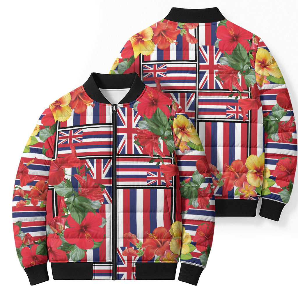 Hawaii Hibiscus Lei Bomber Puffer Jacket Hawaiian Flag Motif LT9 - Polynesian Pride