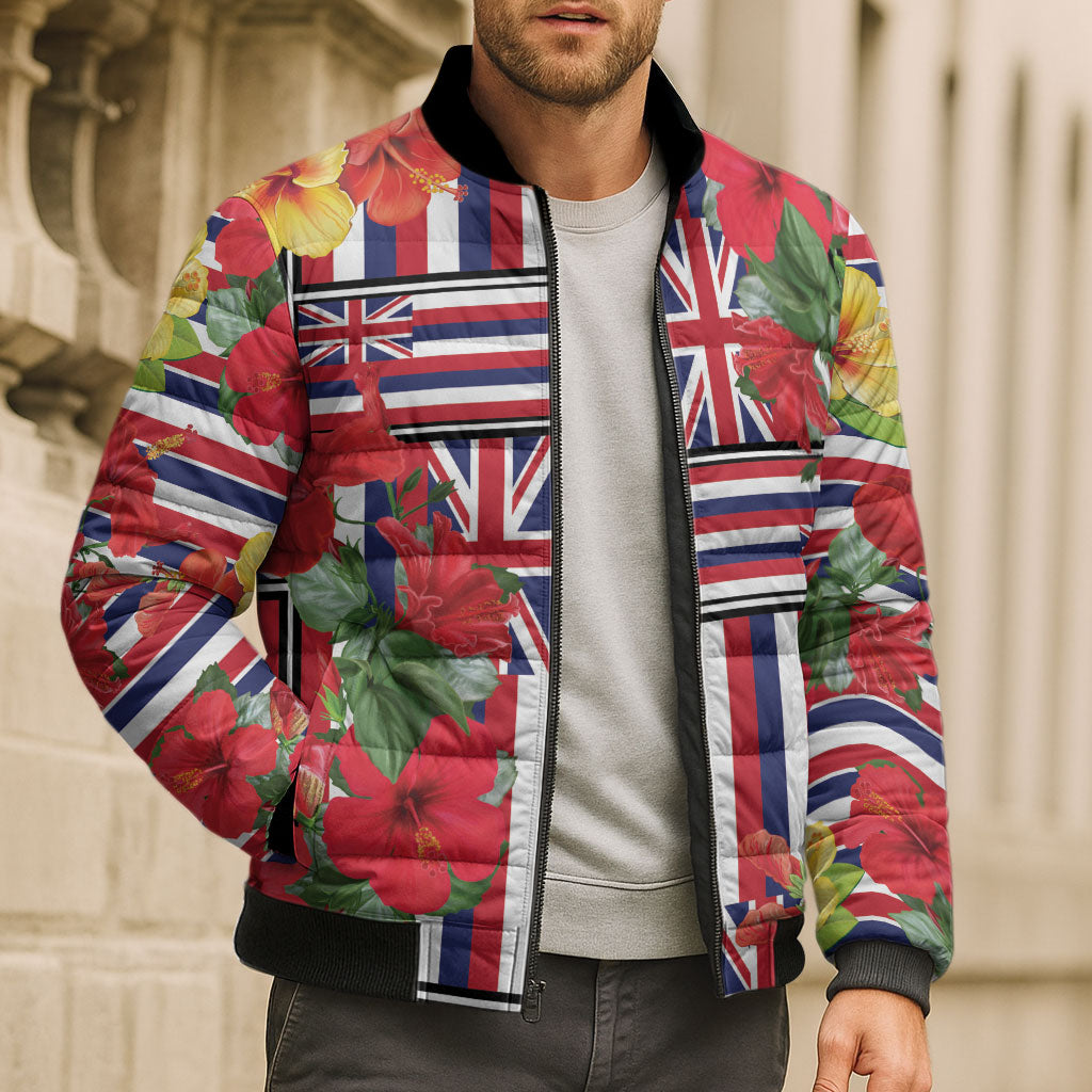 Hawaii Hibiscus Lei Bomber Puffer Jacket Hawaiian Flag Motif LT9 - Polynesian Pride