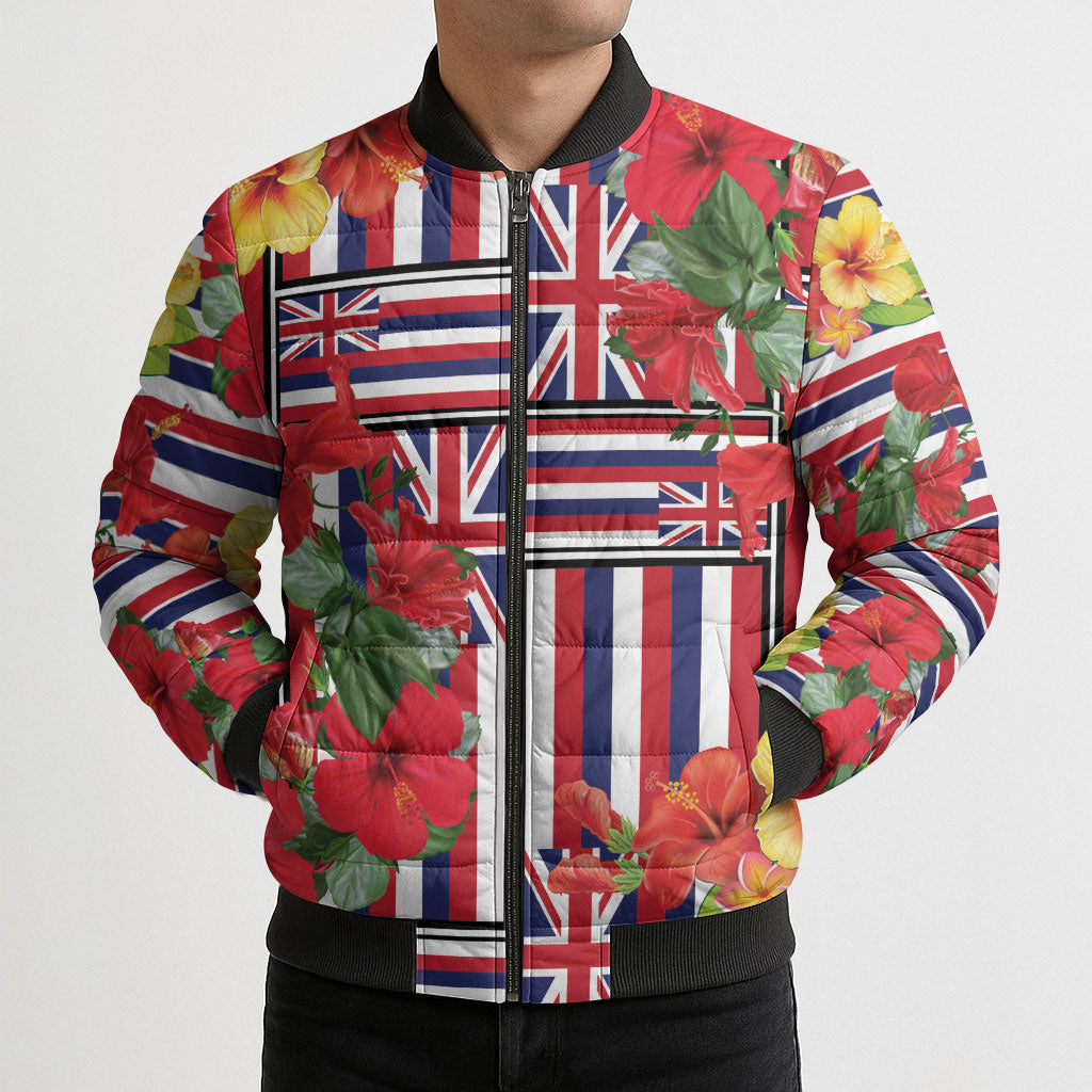 Hawaii Hibiscus Lei Bomber Puffer Jacket Hawaiian Flag Motif LT9 - Polynesian Pride