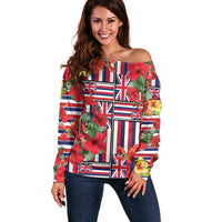 Hawaii Hibiscus Lei Off Shoulder Sweater Hawaiian Flag Motif LT9 Women Red - Polynesian Pride