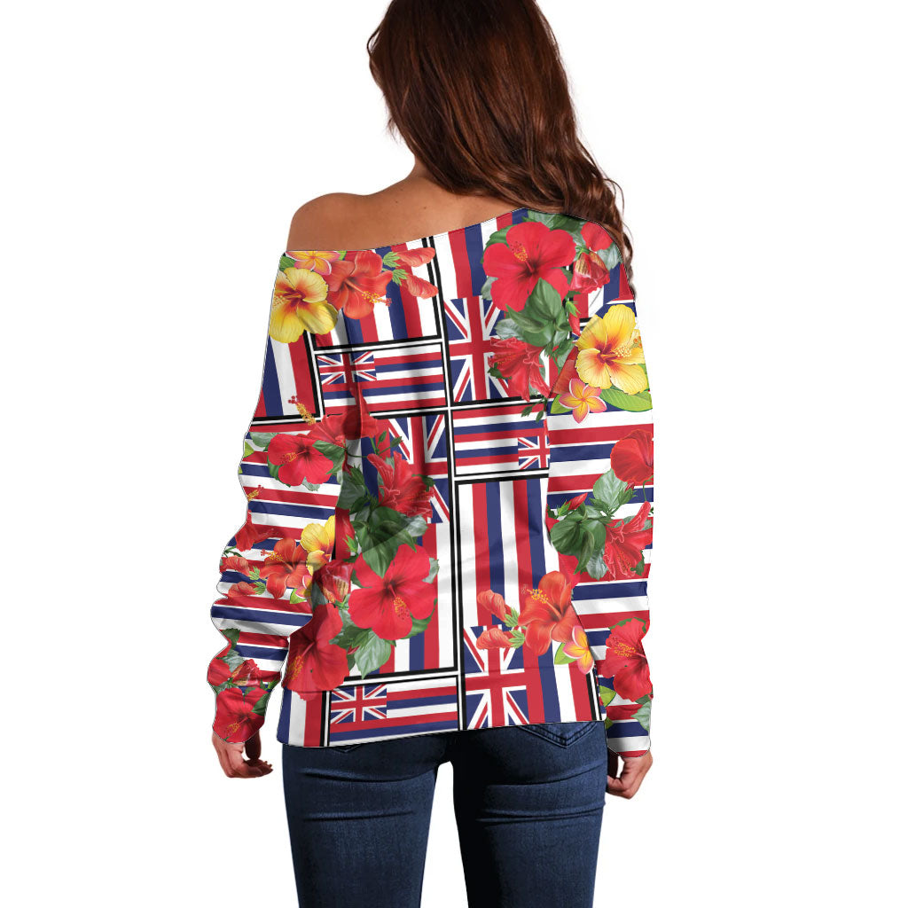 Hawaii Hibiscus Lei Off Shoulder Sweater Hawaiian Flag Motif LT9 - Polynesian Pride