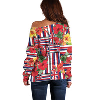 Hawaii Hibiscus Lei Off Shoulder Sweater Hawaiian Flag Motif LT9 - Polynesian Pride