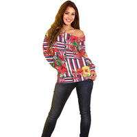 Hawaii Hibiscus Lei Off Shoulder Sweater Hawaiian Flag Motif LT9 - Polynesian Pride