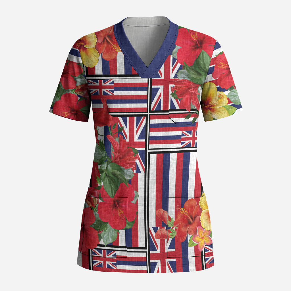 Hawaii Hibiscus Lei Scrub Top Hawaiian Flag Motif LT9 Adult Red - Polynesian Pride