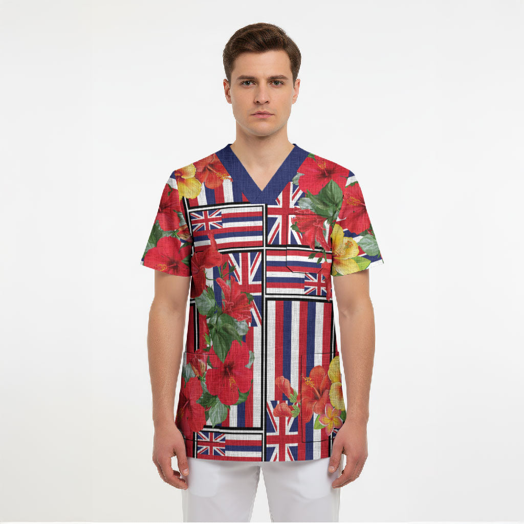 Hawaii Hibiscus Lei Scrub Top Hawaiian Flag Motif LT9 - Polynesian Pride