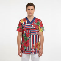 Hawaii Hibiscus Lei Scrub Top Hawaiian Flag Motif LT9 - Polynesian Pride