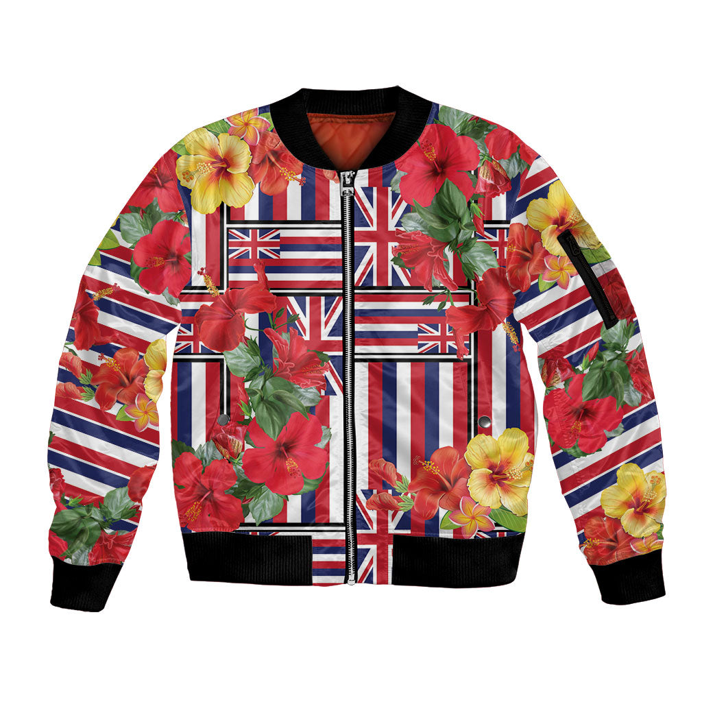 Hawaii Hibiscus Lei Sleeve Zip Bomber Jacket Hawaiian Flag Motif LT9 Unisex Red - Polynesian Pride