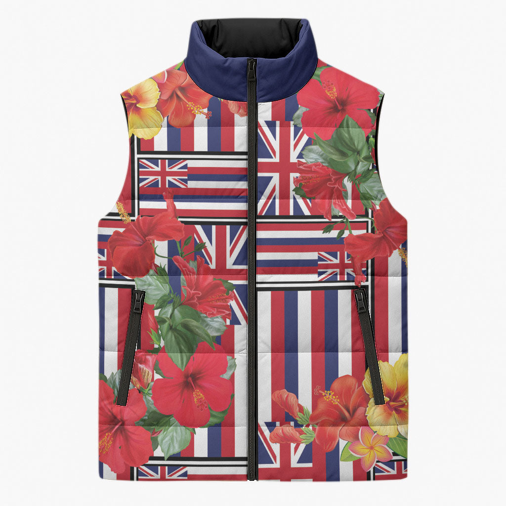 Hawaii Hibiscus Lei Sleeveless Puffer Jacket Hawaiian Flag Motif LT9 Unisex Red - Polynesian Pride