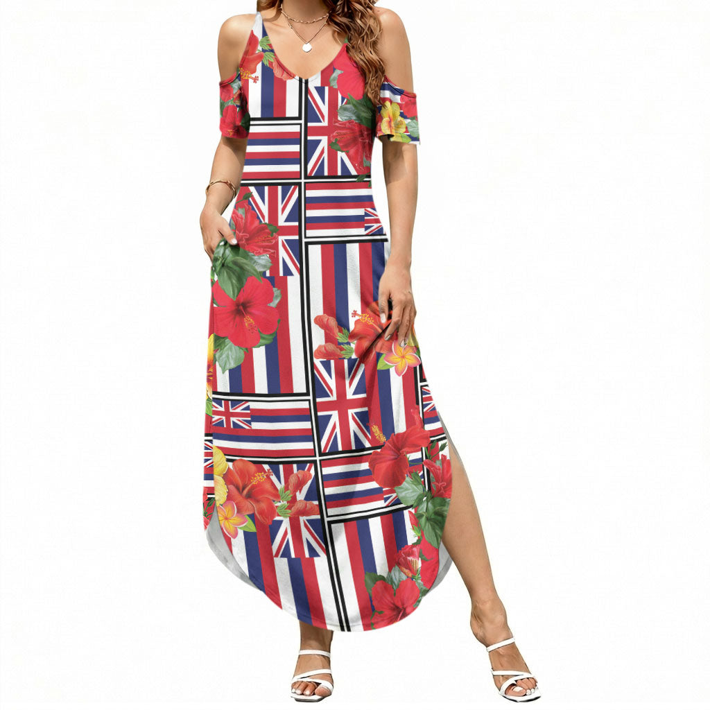 Hawaii Hibiscus Lei Summer Maxi Dress Hawaiian Flag Motif LT9 Women Red - Polynesian Pride