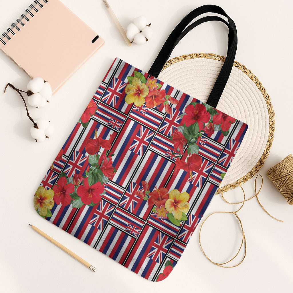 Hawaii Hibiscus Lei Tote Bag Hawaiian Flag Motif LT9 Black Strap One Size Red - Polynesian Pride