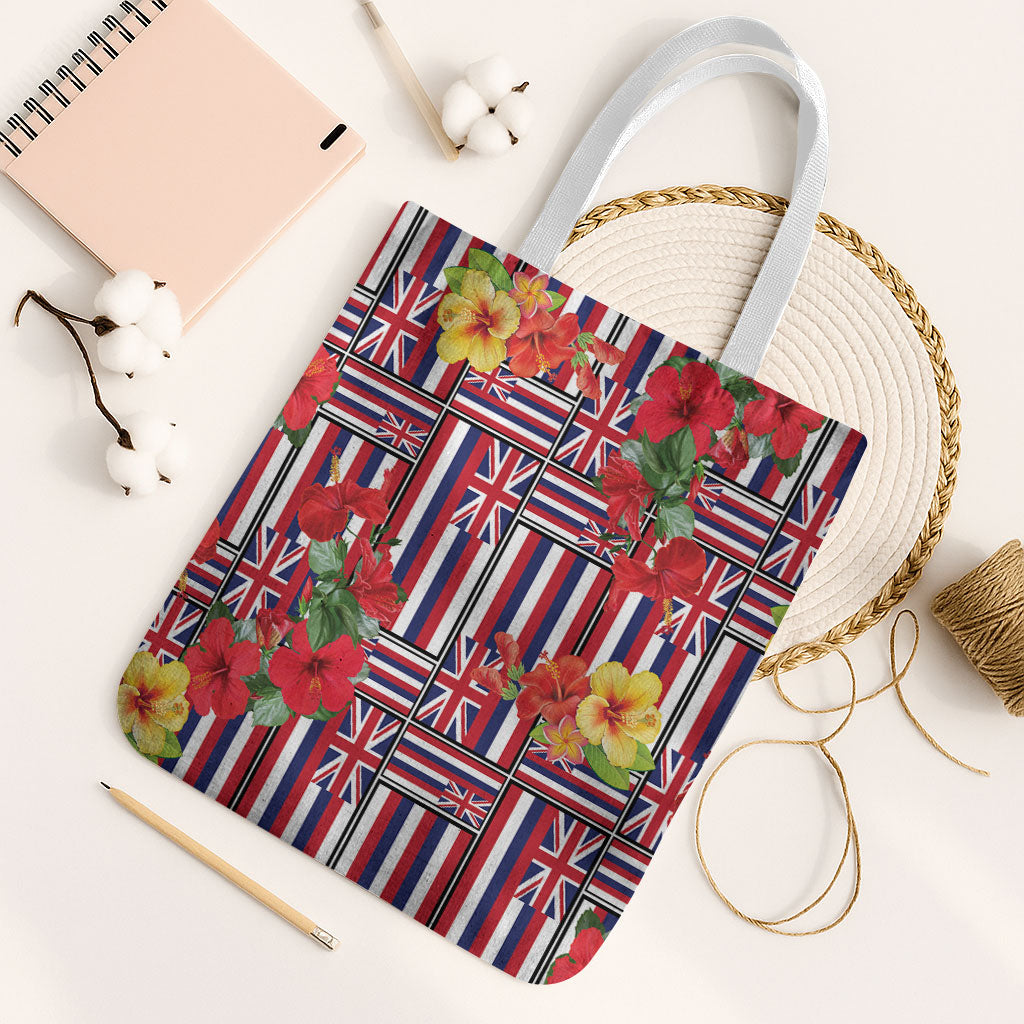 Hawaii Hibiscus Lei Tote Bag Hawaiian Flag Motif LT9 White Strap One Size Red - Polynesian Pride
