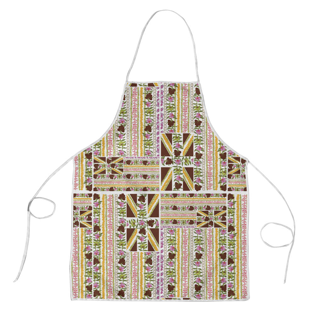 Hawaii Lokelani Pikake Lei Apron Hawaiian Flag Motif LT9 White - Polynesian Pride