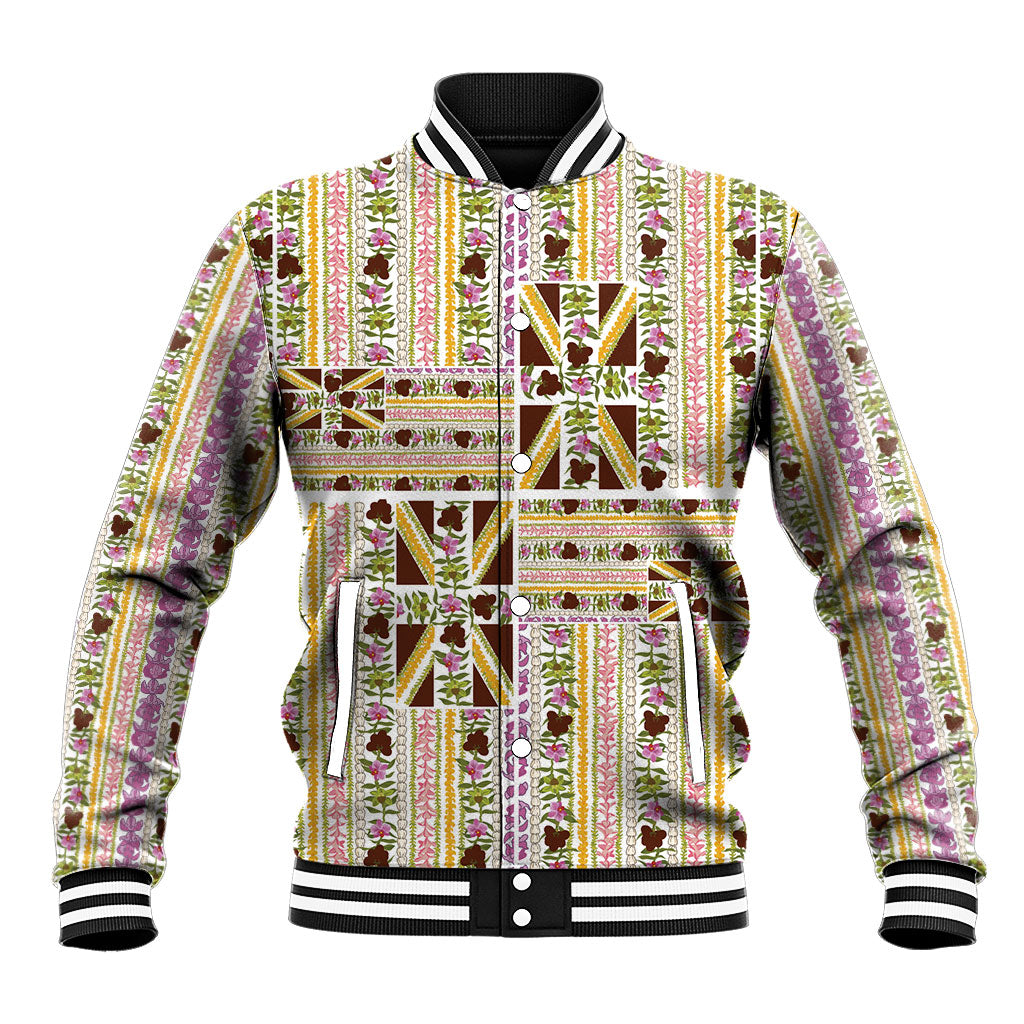 Hawaii Lokelani Pikake Lei Baseball Jacket Hawaiian Flag Motif LT9 Unisex White - Polynesian Pride