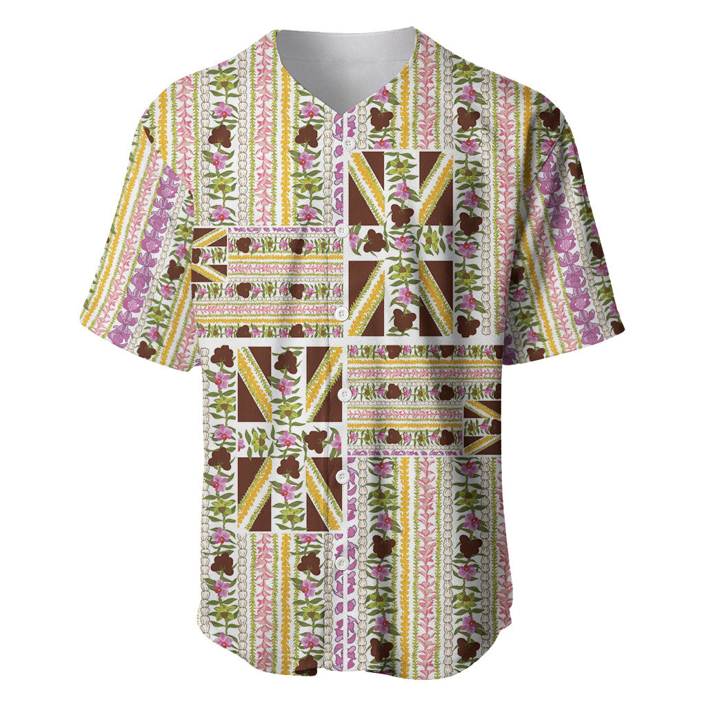 Hawaii Lokelani Pikake Lei Baseball Jersey Hawaiian Flag Motif LT9 White - Polynesian Pride