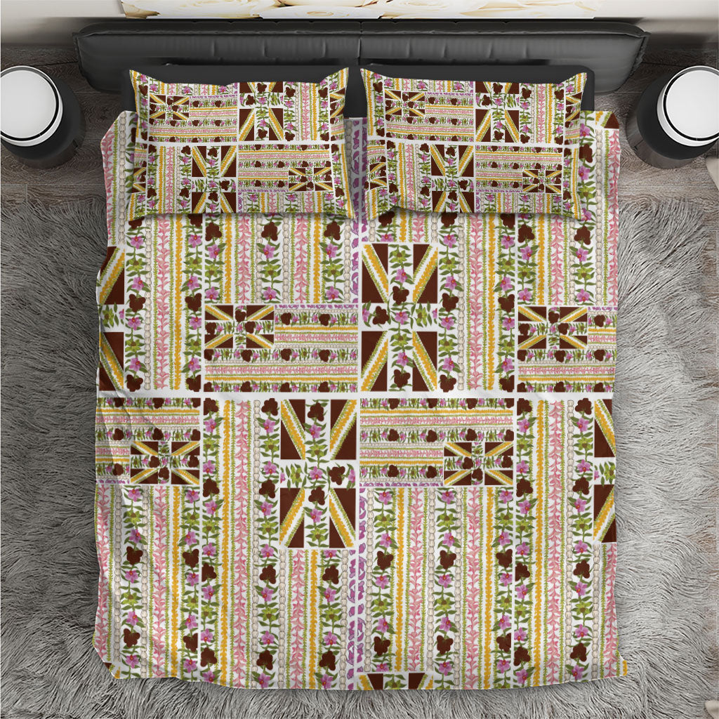 Hawaii Lokelani Pikake Lei Bedding Set Hawaiian Flag Motif LT9 White - Polynesian Pride