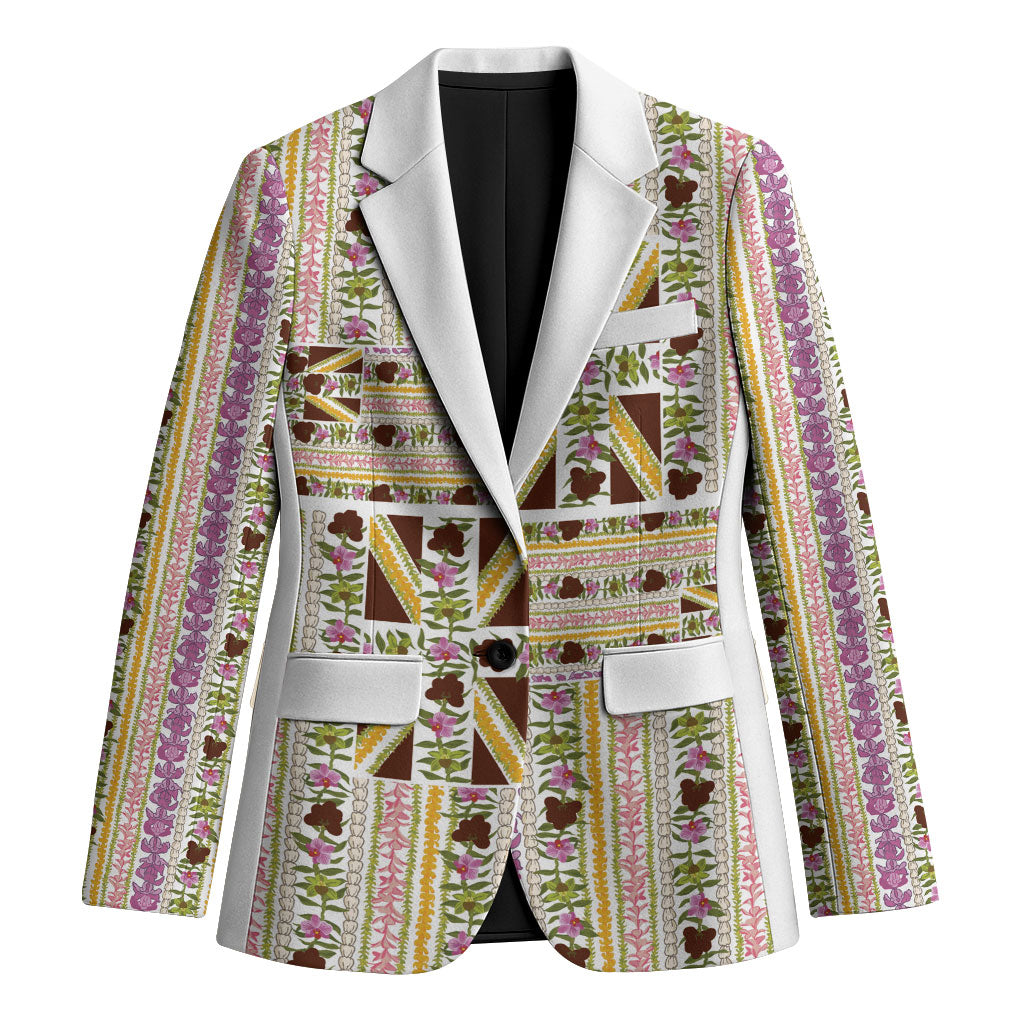 Hawaii Lokelani Pikake Lei Blazer Hawaiian Flag Motif LT9 Unisex White - Polynesian Pride