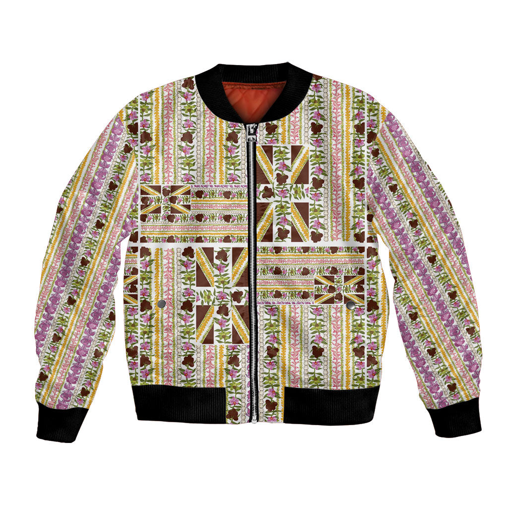 Hawaii Lokelani Pikake Lei Bomber Jacket Hawaiian Flag Motif LT9 Unisex White - Polynesian Pride