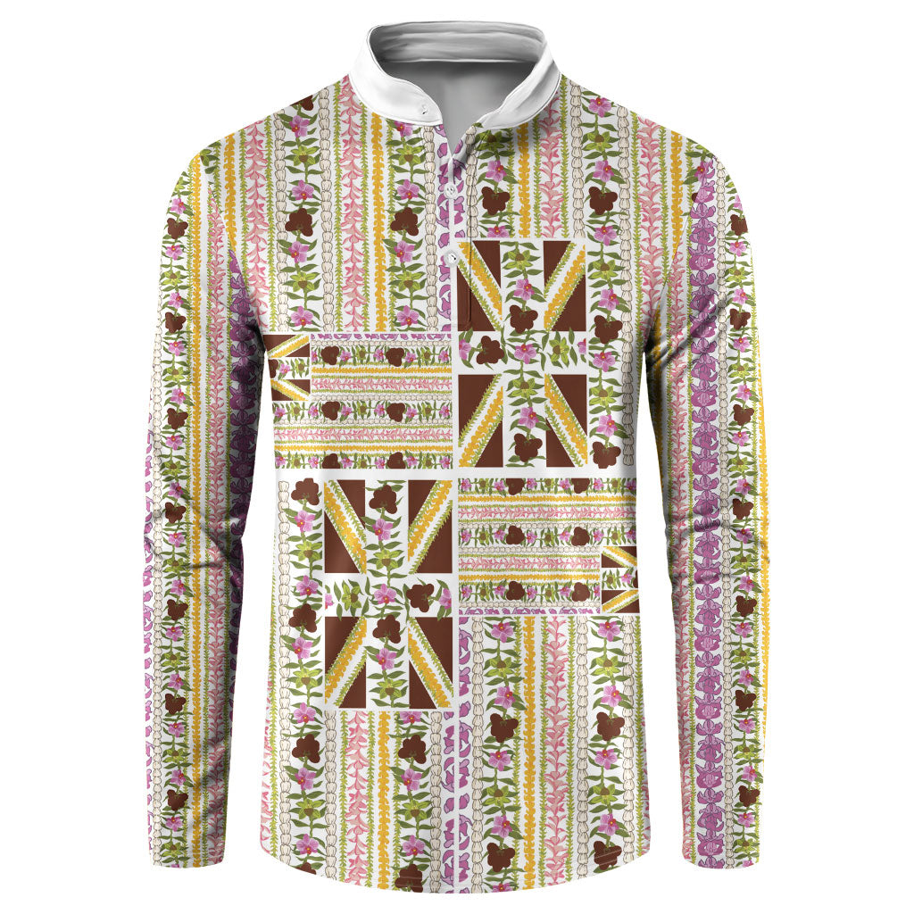 Hawaii Lokelani Pikake Lei Button Sweatshirt Hawaiian Flag Motif LT9 White - Polynesian Pride
