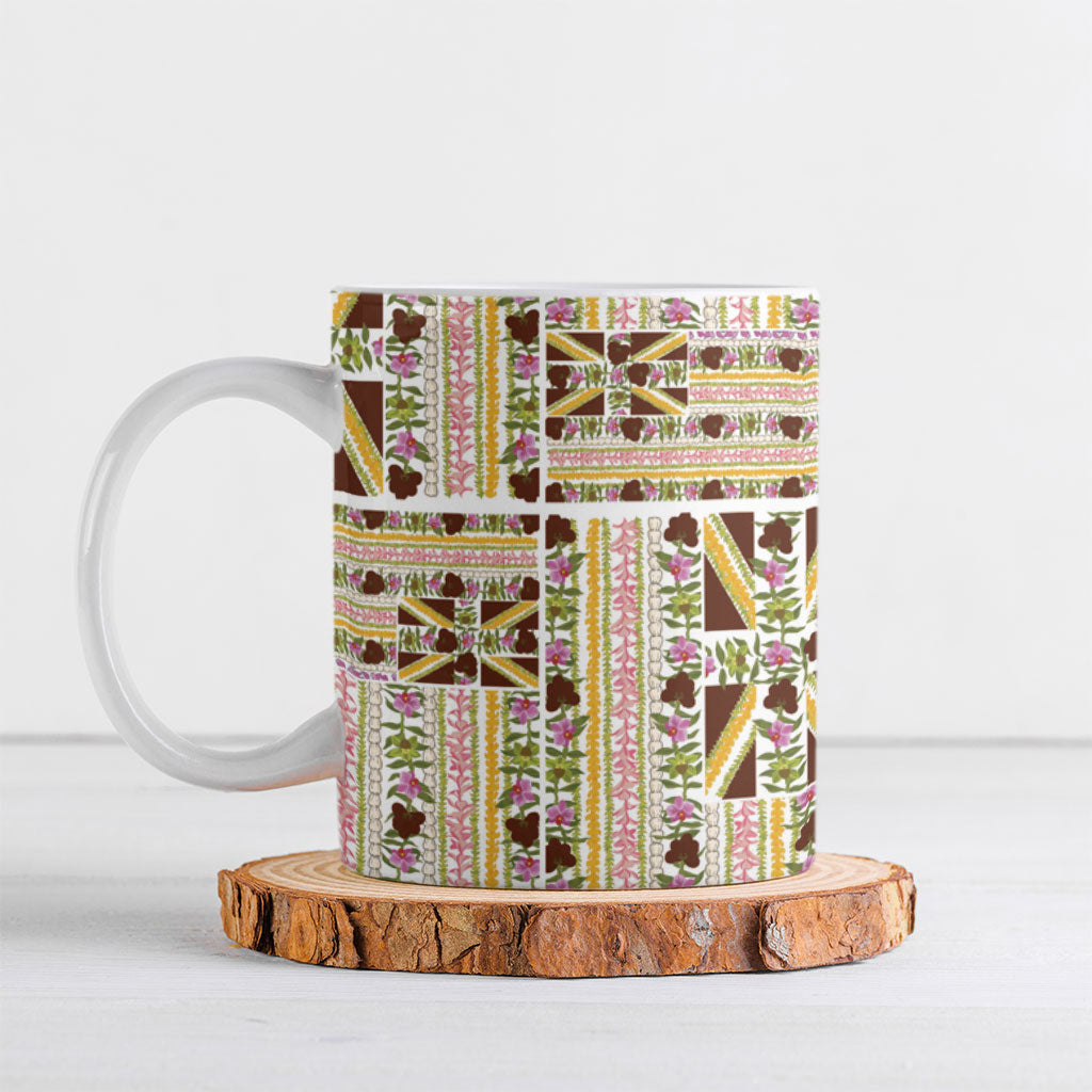 Hawaii Lokelani Pikake Lei Ceramic Mug Hawaiian Flag Motif LT9 White - Polynesian Pride