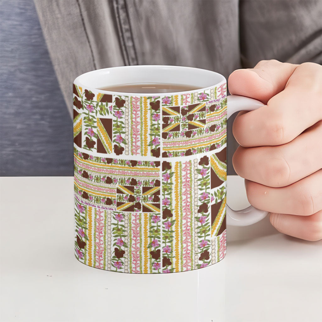 Hawaii Lokelani Pikake Lei Ceramic Mug Hawaiian Flag Motif LT9 - Polynesian Pride