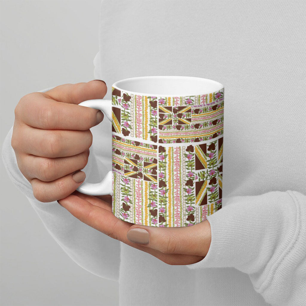 Hawaii Lokelani Pikake Lei Ceramic Mug Hawaiian Flag Motif LT9 - Polynesian Pride