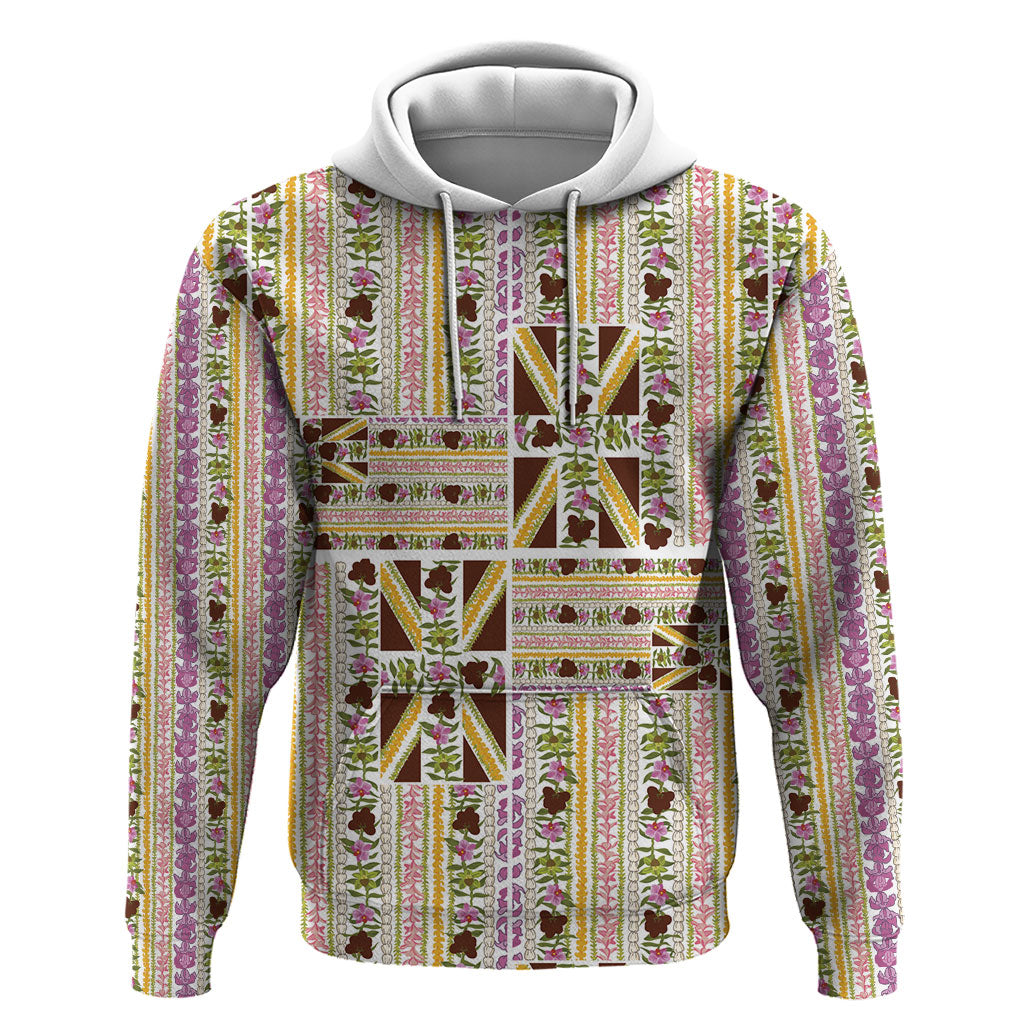Hawaii Lokelani Pikake Lei Hoodie Hawaiian Flag Motif LT9 Pullover Hoodie White - Polynesian Pride
