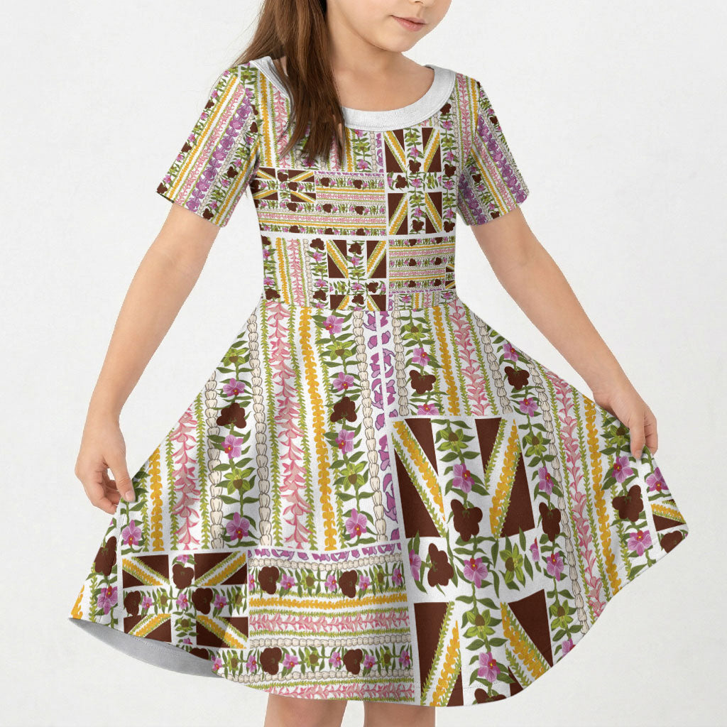 Hawaii Lokelani Pikake Lei Kid Short Sleeve Dress Hawaiian Flag Motif LT9 KID White - Polynesian Pride