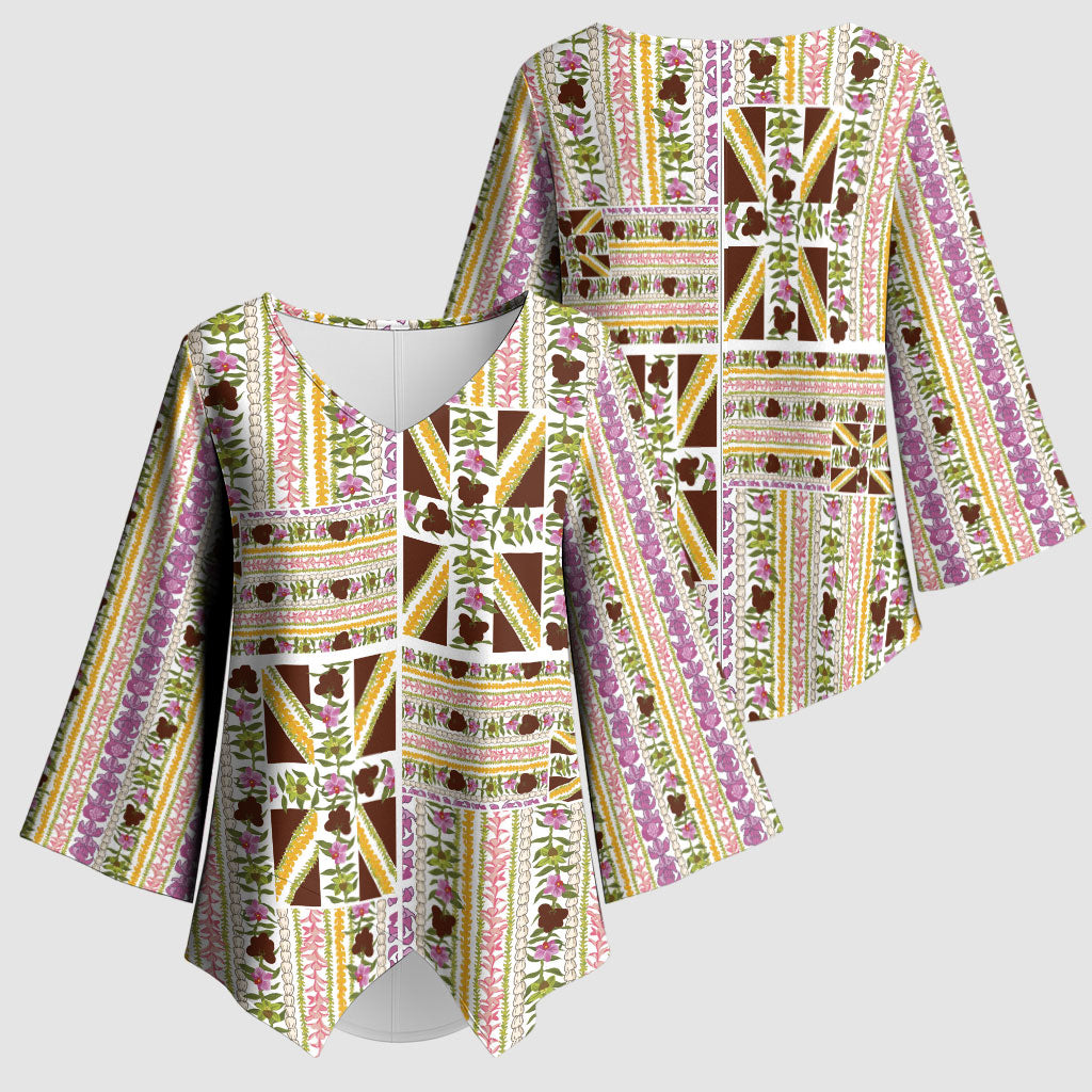 Hawaii Lokelani Pikake Lei Kimono Sleeve Blouse Hawaiian Flag Motif LT9 - Polynesian Pride