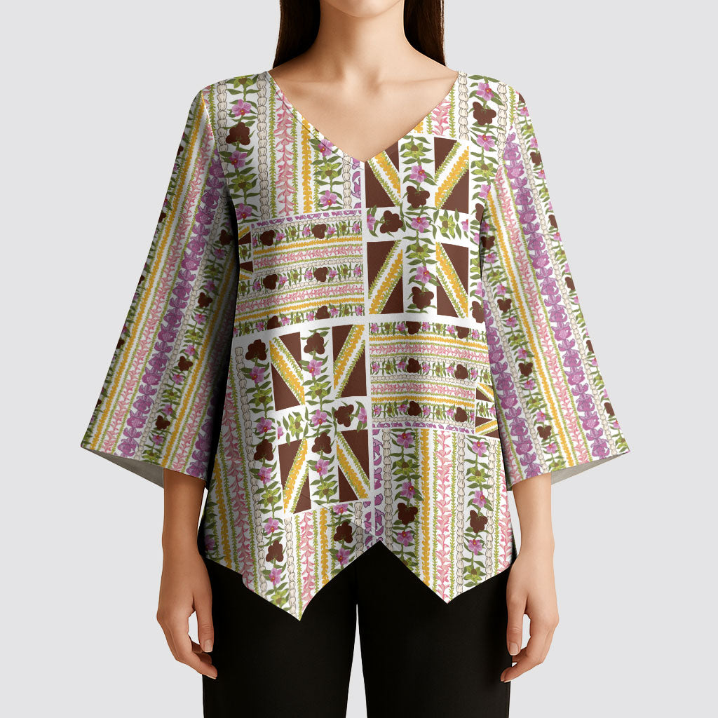 Hawaii Lokelani Pikake Lei Kimono Sleeve Blouse Hawaiian Flag Motif LT9 - Polynesian Pride