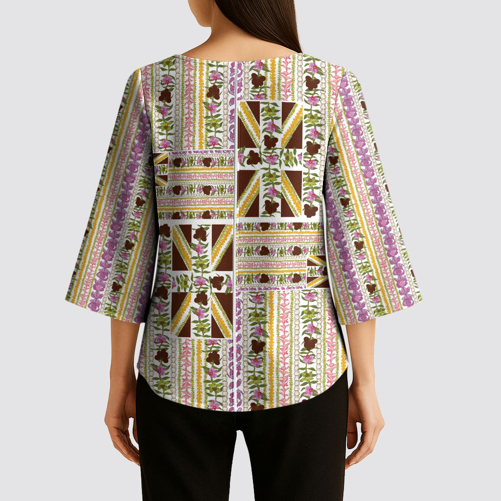 Hawaii Lokelani Pikake Lei Kimono Sleeve Blouse Hawaiian Flag Motif LT9 - Polynesian Pride