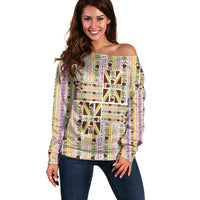Hawaii Lokelani Pikake Lei Off Shoulder Sweater Hawaiian Flag Motif LT9 Women White - Polynesian Pride