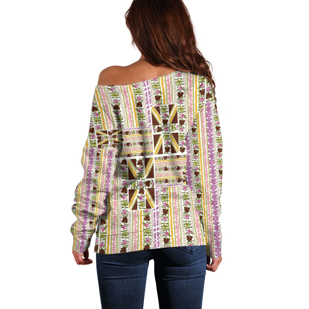Hawaii Lokelani Pikake Lei Off Shoulder Sweater Hawaiian Flag Motif LT9 - Polynesian Pride