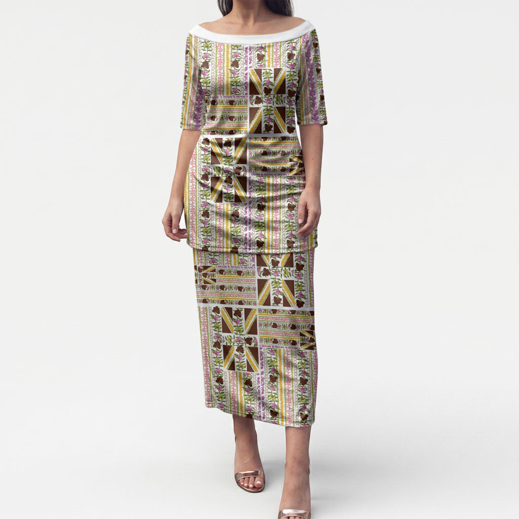 Hawaii Lokelani Pikake Lei Puletasi Hawaiian Flag Motif LT9 Long Dress White - Polynesian Pride