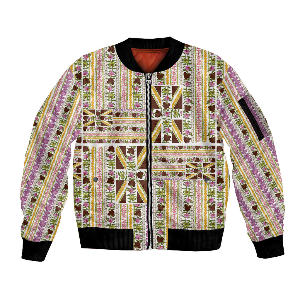 Hawaii Lokelani Pikake Lei Sleeve Zip Bomber Jacket Hawaiian Flag Motif LT9 Unisex White - Polynesian Pride