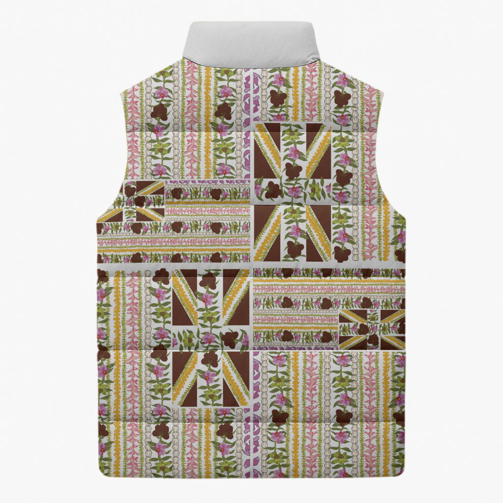 Hawaii Lokelani Pikake Lei Sleeveless Puffer Jacket Hawaiian Flag Motif LT9 - Polynesian Pride