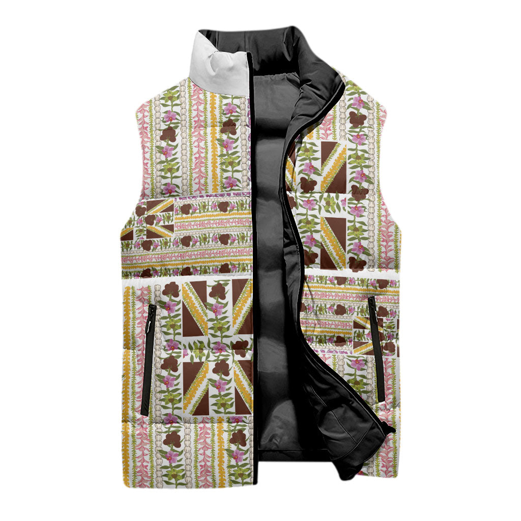 Hawaii Lokelani Pikake Lei Sleeveless Puffer Jacket Hawaiian Flag Motif LT9 - Polynesian Pride