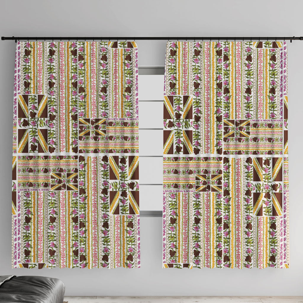 Hawaii Lokelani Pikake Lei Window Curtain Hawaiian Flag Motif LT9 With Hooks White - Polynesian Pride