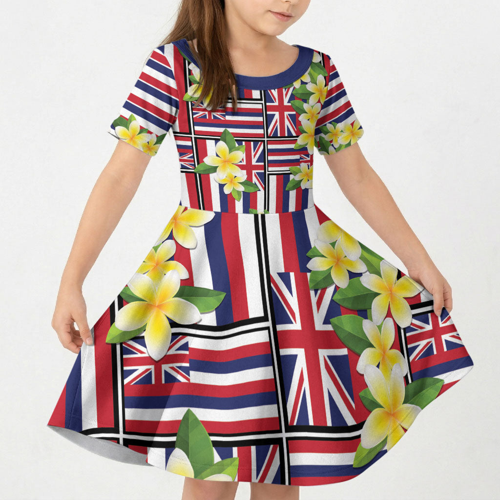 Hawaii Plumeria Lei Kid Short Sleeve Dress Hawaiian Flag Motif LT9 KID Red - Polynesian Pride