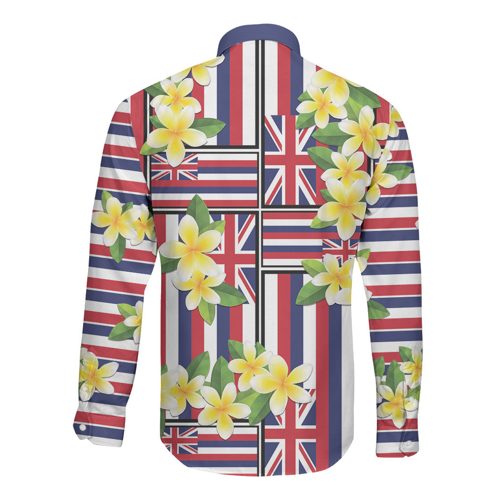 Hawaii Plumeria Lei Long Sleeve Button Shirt Hawaiian Flag Motif LT9 - Polynesian Pride