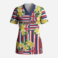 Hawaii Plumeria Lei Scrub Top Hawaiian Flag Motif LT9 Adult Red - Polynesian Pride