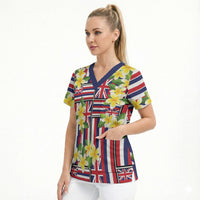 Hawaii Plumeria Lei Scrub Top Hawaiian Flag Motif LT9 - Polynesian Pride
