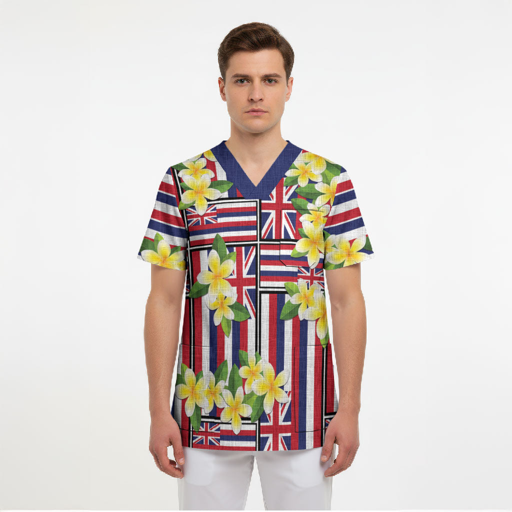 Hawaii Plumeria Lei Scrub Top Hawaiian Flag Motif LT9 - Polynesian Pride