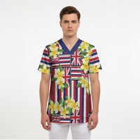 Hawaii Plumeria Lei Scrub Top Hawaiian Flag Motif LT9 - Polynesian Pride