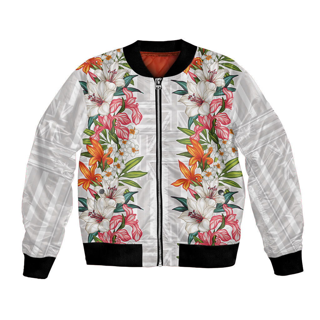 Hawaii Tropical Twist Lei Bomber Jacket Hawaiian Flag Motif LT9 Unisex White - Polynesian Pride