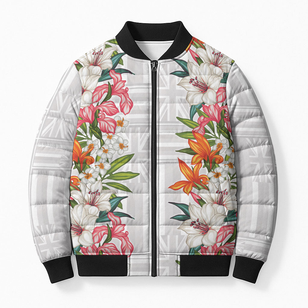 Hawaii Tropical Twist Lei Bomber Puffer Jacket Hawaiian Flag Motif LT9 Unisex White - Polynesian Pride