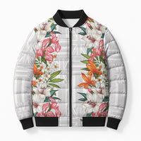 Hawaii Tropical Twist Lei Bomber Puffer Jacket Hawaiian Flag Motif LT9 Unisex White - Polynesian Pride